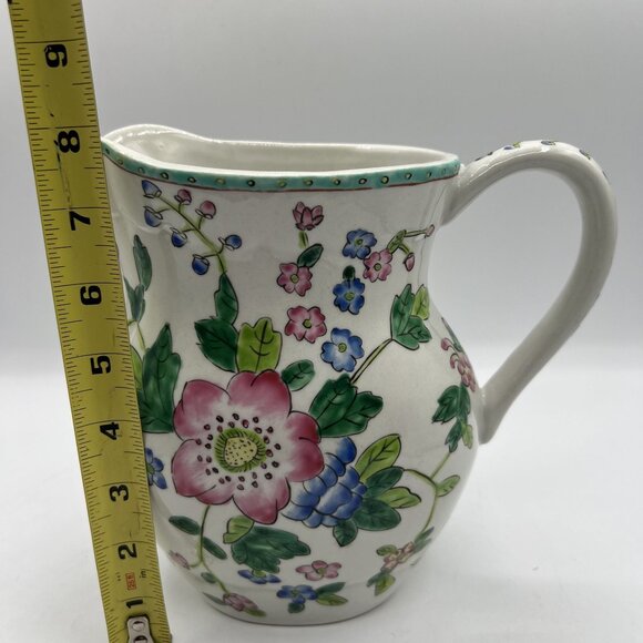 Antique Hand Painted Floral Porcelain Pitcher Handle Scalloped Rim Butterflies - Picture 6 of 10